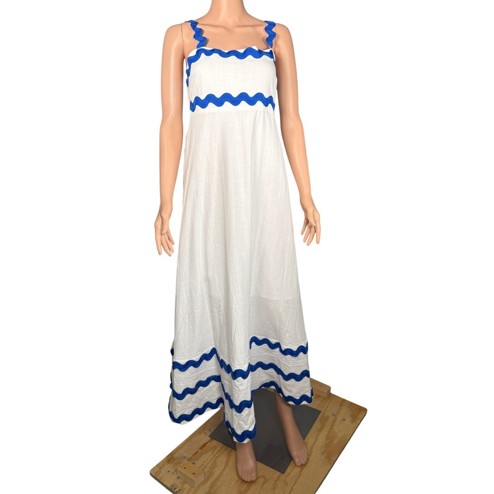 19Kenna Womens White Cotton Maxi Dress Blue Ric Rac Trim Smocked Back Medium NEW